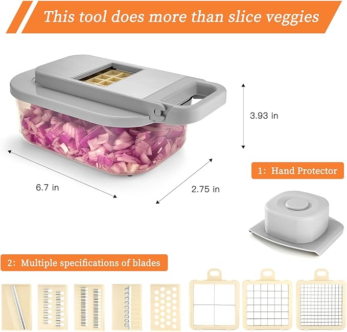 Vegetable Chopper 9-in-1, Onion cutter with 8 Blades, Food Shredding Container with Carrots, Eggs, Home Kitchen Essentials, Salad slicers, Cheese Grater and French Fries Cuts (Grey)