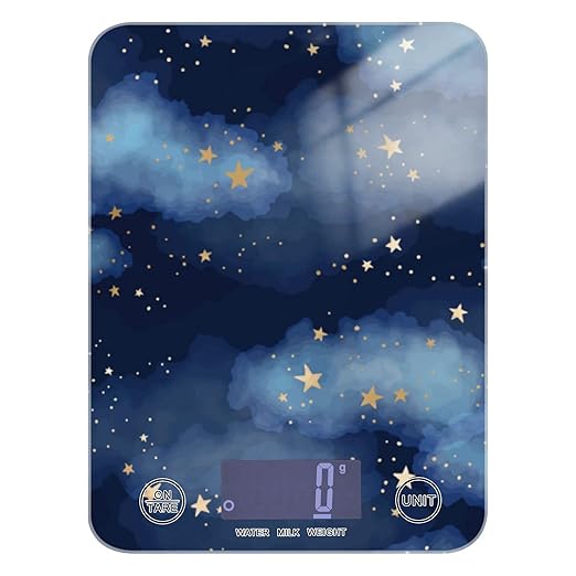 Food Scale Kitchen Digital Scale Food Ounces and Grams Dieting Baking Cooking Waterproof Glass Panels LCD Display,4 Units Scale Tare Function Gold Star Blue Night Sky