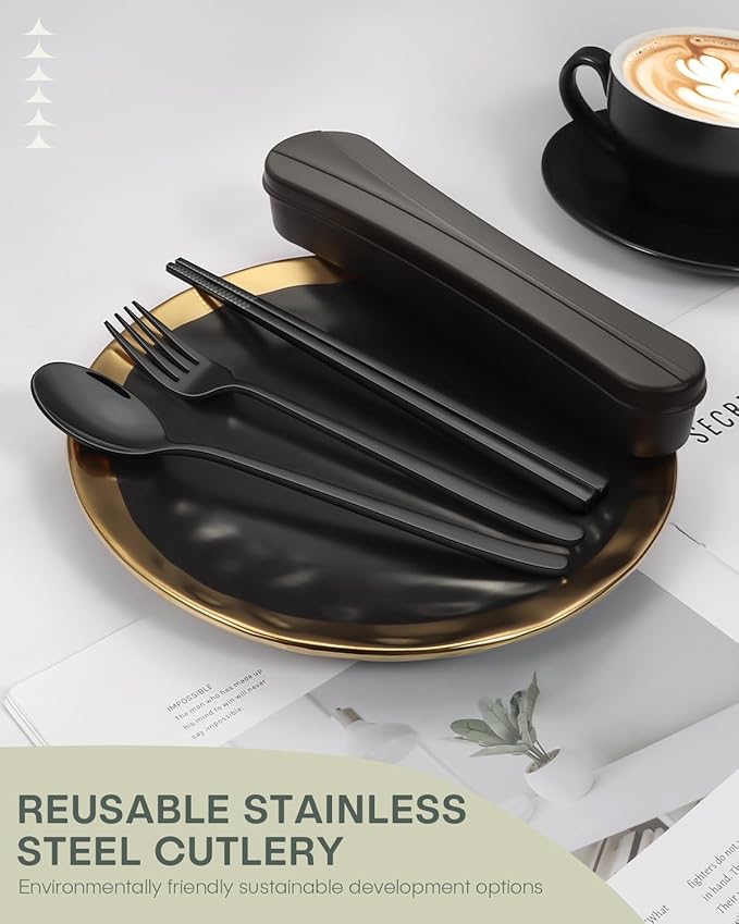 2 Pack Travel Utensils with Case, PHILIPALA Portable Reusable Silverware Set for Lunch Work Picnic, 18/8 Stainless Steel Camping Cutlery Set Includes Fork Spoon Chopsticks(Black)