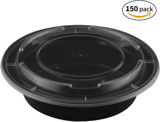 TIYA Takeout Food Containers – 32 oz Bulk 150 Pack with Lids – Plastic To-Go Round Bowls – Reusable, Microwavable, Dishwasher Safe – Leak-Proof, Great for Meal Prep – BPA-Free