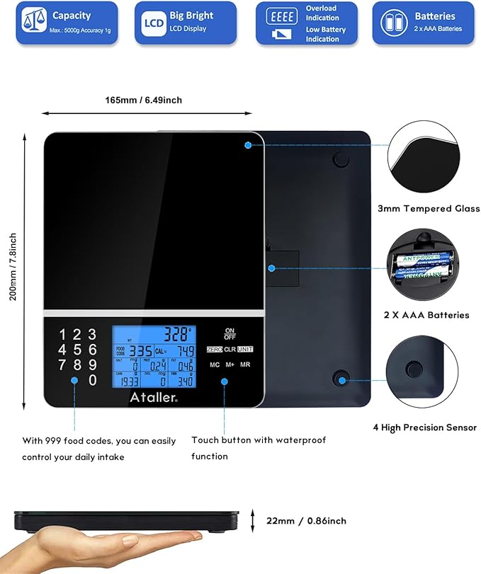 Ataller Food Scale with Nutritional Calculator, Kitchen Diet Scale, Digital Food Calorie Counting Scale for Meal Prep, Kitchen, Baking, Weight Loss, Resolution 1g, Max 5kg 11Ib, Tempered Glass, Black