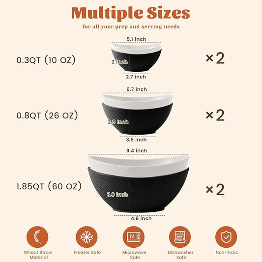 Homienly Wheat Straw Bowls with 3 Size, Mixing Bowls 6 PCS - 60 OZ/26 OZ/10 OZ, Microwave and Dishwasher Safe Bowls for Salad, Snack, Cereal(Panda Color)