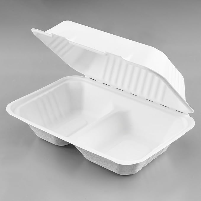 KARAT EARTH Clamshell Take Out Food Containers [9"x6", 200 ct ] 2 Compartments | Compostable To Go Containers, Natural Biodegradable Bagasse | White