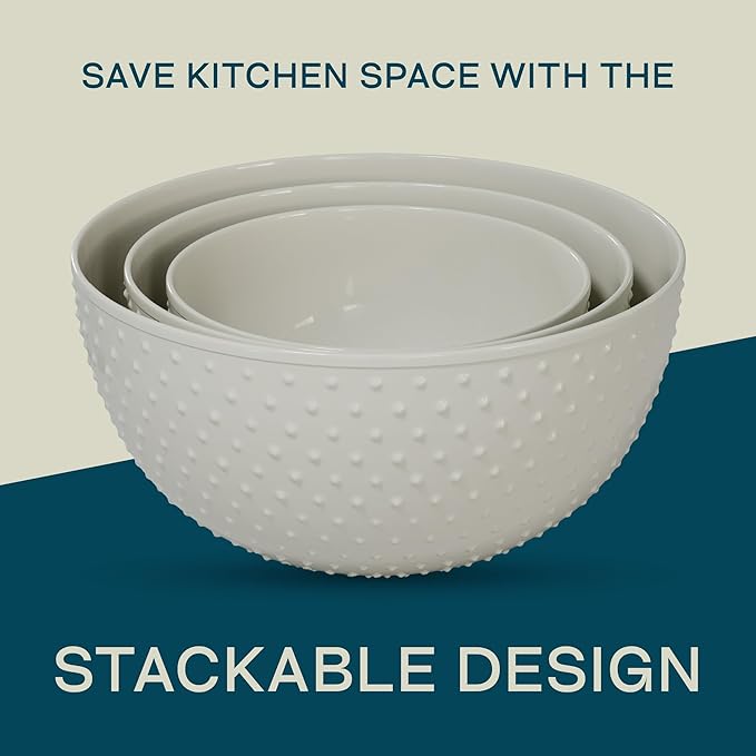 Gibson Elite 3-Piece Stoneware Mixing Bowl Set, 6.6", 7.9", 9.6" - Modern Stoneware Dishware, Dishwasher Safe & Microwave Safe - Space-Saving & Stackable Bowl Set for Cooking, Baking, Serving (Grey)