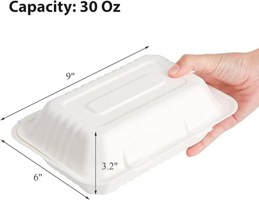 Elsjoy 90 Pack Disposable Clamshell To Go Containers, 9"x 6" Single Compartment Take Out Food Containers, Compostable Hinged Container Takeaway Lunch Box for Restaurant, Party, Microwave Safe