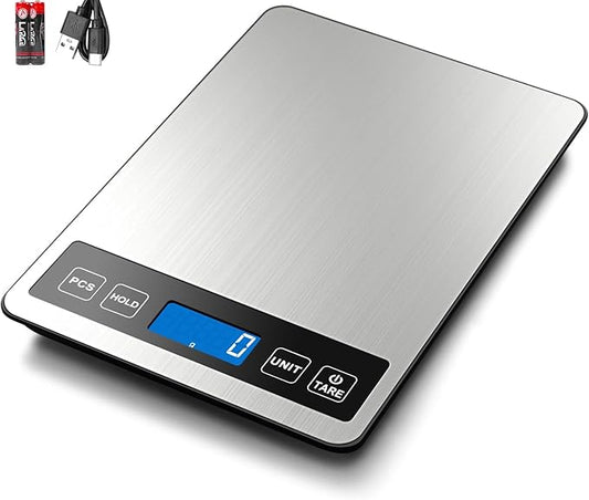 Fuzion Food Scale, 1g/0.1oz Digital Kitchen Scale - 22lb, 7 Units, Tare & PCS, Rechargeable Power, Tempered Glass & Stainless Steel - Food Weight Scale Grams and oz for Cooking, Baking