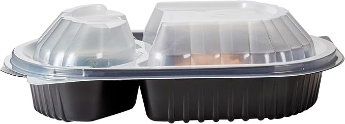Restaurantware RW Base 27 Ounce Meal Prep Containers, 50 Microwavable To Go Containers With Lids - 3 Compartments, Disposable, Black Plastic Oval Food Containers, For Hot And Cold Food, Freezable