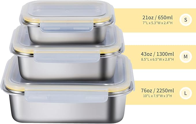 18/8 Stainless Steel Food Containers | Food Preservation Lunch Box | Leak Proof Stackable Light and Easy Storage | Set of 3 (21oz/43oz/76oz) | BPA FREE, B4200
