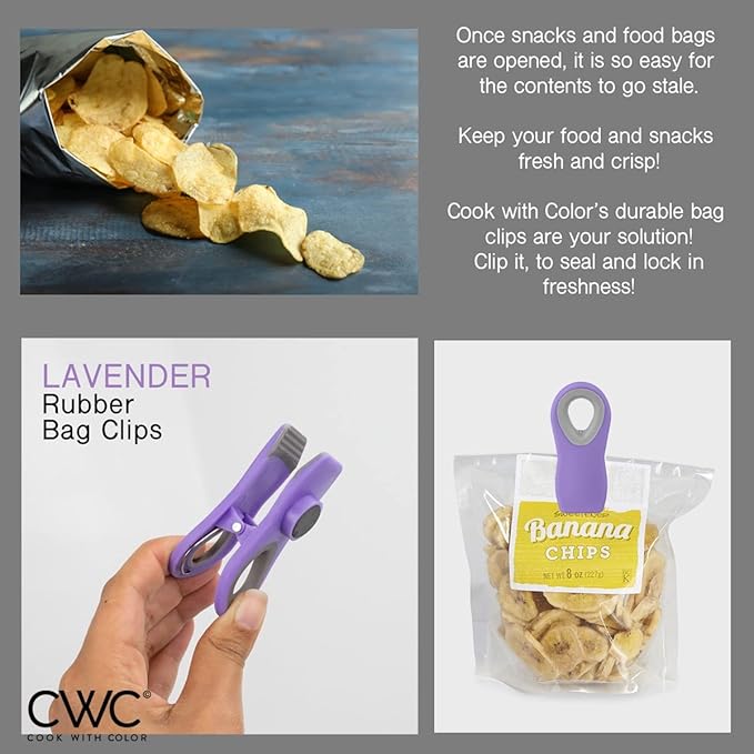 COOK WITH COLOR Magnet Bag Clips - Airtight Food Clips for Bread, Snack, and More (Lavender, Pack of 5)
