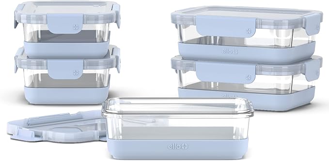Ello Duraglass 3.4 Cup Meal Prep Sets 10Pc, 5 Pack Set- Glass Food Storage Container with Silicone Boot and Airtight BPA-Free Plastic Lids, Dishwasher, Microwave, and Freezer Safe, Halogen Blue
