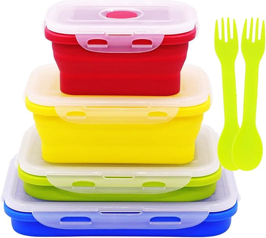 Set of 4 Collapsible Silicone Food Storage Containers With Lids,Leftover Meal Box For Kitchen, Microwave,Dishwasher and Freezer Safe, Foldable Bento Lunch Boxes, BPA Free