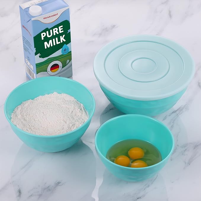 TP Mixing Bowls with Lids, 6-Piece Nesting Melamine Bowls Set for Prepping Serving Baking Cooking, Non Slip Bottom, Set of 3, Glossy Marbled Turquoise