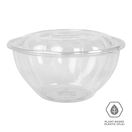 ECO PRODUCTS Compostable Clear PLA Plastic 32oz Salad Bowl With Lid, Pack of 50, Grab 'n' Go Round Cold Takeout Food Containers, Renewable Plant-Based, Disposable, ASTM Compliant, BPI-Certified