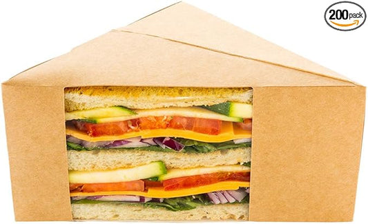 Restaurantware Cafe Vision 4.8 x 3.2 Inch Sandwich Paper Boxes, 200 Large Sandwich Wedge Boxes - With Window, Disposable, Kraft Paper Triangle Sandwich Containers, Grease-Resistant Lining