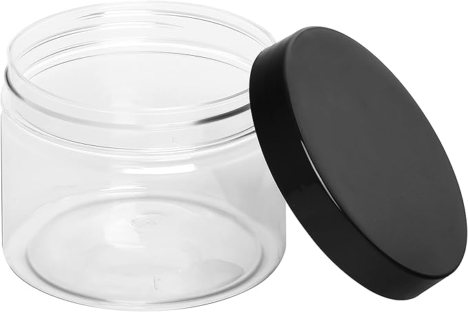 Healthy Packers 8oz Plastic Jars With Lids, Labels and White Marker - 24-Pack Small Plastic Containers with Black Lids. Great for Slime, Lotion, Crafts, Travel General Storage