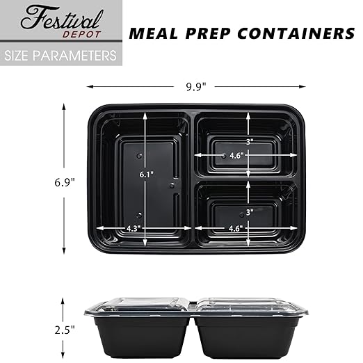 150 Pack Meal Prep Containers, 43 OZ Bento Box, 3 Compartment Divided Food Storage Containers Durable Stackable Reusable, For Microwave/Dishwasher/Freezer（150 Trays & 150 Lids）