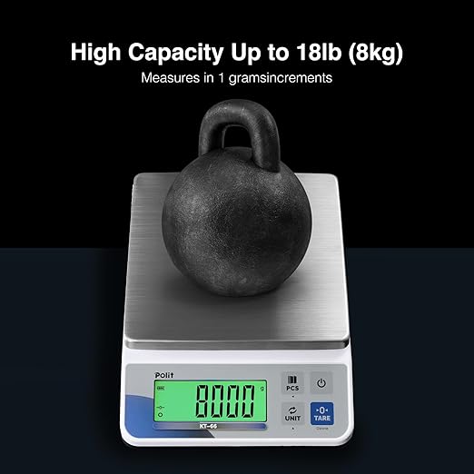 Polit Food Kitchen Scale KT-66, 18lb/8Kg Digital Kitchen Scale Weight Gram Ounce 0.5g/0.01oz Accuracy, Premium Stainless Steel with LED Display, 5 Units for Baking and Cooking (Power Adaptor Included)