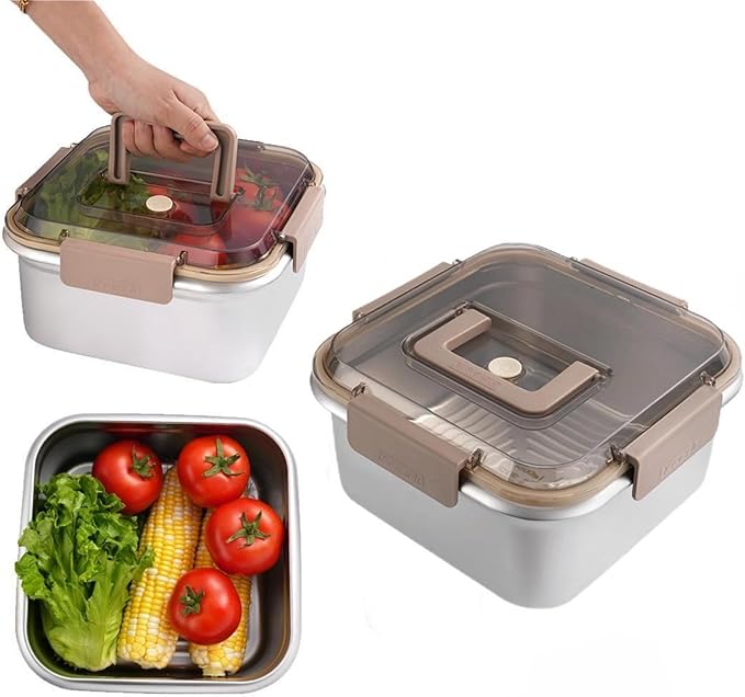 Food Storage Containers Outdoor 304 Stainless Steel Crisper Box Refrigerator Freezer Storage Box Fruit Seal Box Microwave Oven Heat-resistant (2800ML)