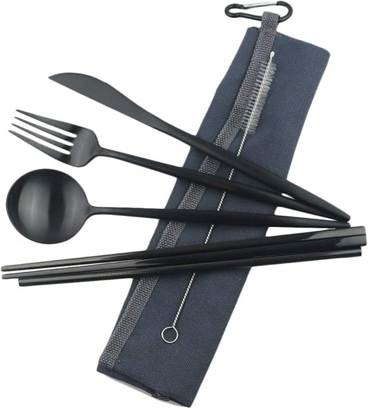 Reusable Travel Utensils, 7 Piece Portable 304 Stainless Steel including Knife Fork Spoon Chopsticks Cleaning Brush Straws Portable Pouch, Eco-friendly Camping Silverware Set, Dishwasher Safe