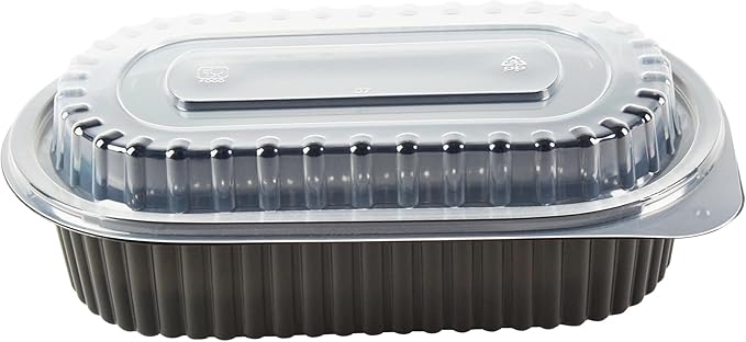 RW Base 32 Ounce Meal Prep Containers, 50 Microwavable To Go Containers With Lids - Disposable, Freezable, Black Plastic Oval Food Containers, Pack Hot And Cold Food, For Takeaway - Restaurantware