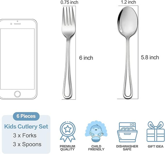 TeamFar Toddler Utensils, Stainless Steel Toddler Silverware Small Kid Cutlery Set for Self-Feeding, with Line Patterned Edge, Healthy & Non Toxic, Mirror Surface & Dishwasher Safe–3 Forks + 3 Spoons