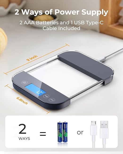 AZC Rechargeable Food Scale Digital Weight Grams and Oz, [Max 33lb Min 1g], Military Grade Anti-Drop Temepered Glass Panel, Crystal Clear Design for Kitchen Scale,Clear Grey