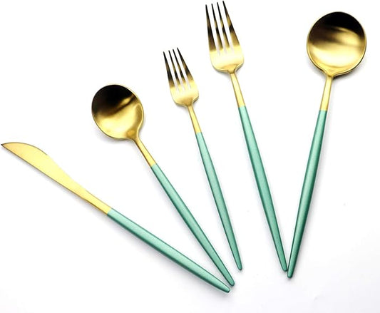 Green Gold Flatware, Royal 20 Pieces Matte White Handle 18/10 Stainless Steel Tableware Sets for 4 Including Forks Spoons Knives, Camping Silverware Travel Utensils Set Cutlery (Green Gold)