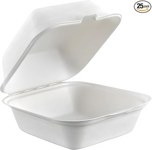 100% Compostable Clamshell Single Compartment Take Out Food Containers 6x6". 25 Containers, Natural Disposable Bagasse, Eco-Friendly Biodegradable Made of Sugar Cane-Package of 25ct