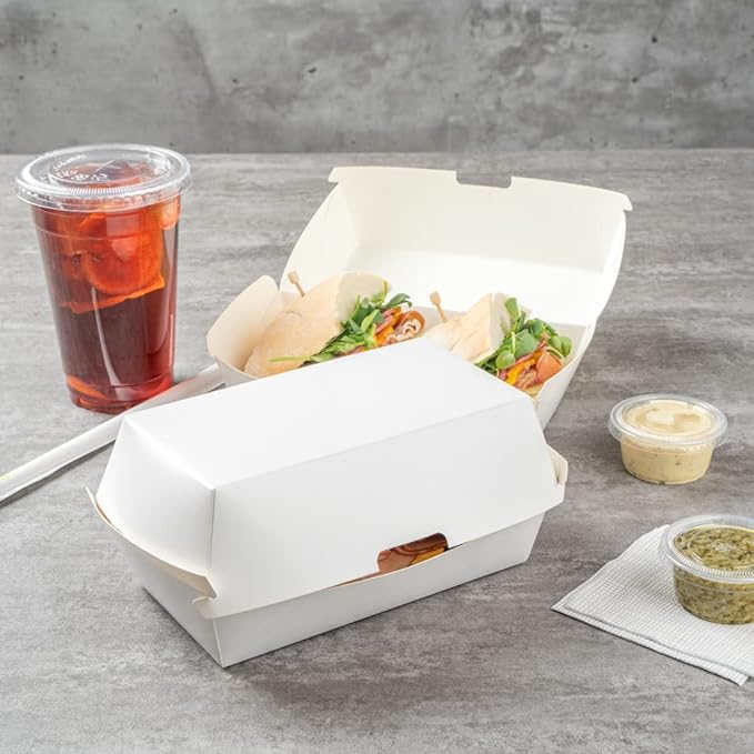 Restaurantware Bio Tek 6.7 x 3.5 x 3.5 Inch Clamshell Food Containers 100 Disposable Sandwich Containers - Hinged Lid Tab-Lock Closure White Paper Hot Dog Containers Recyclable Greaseproof