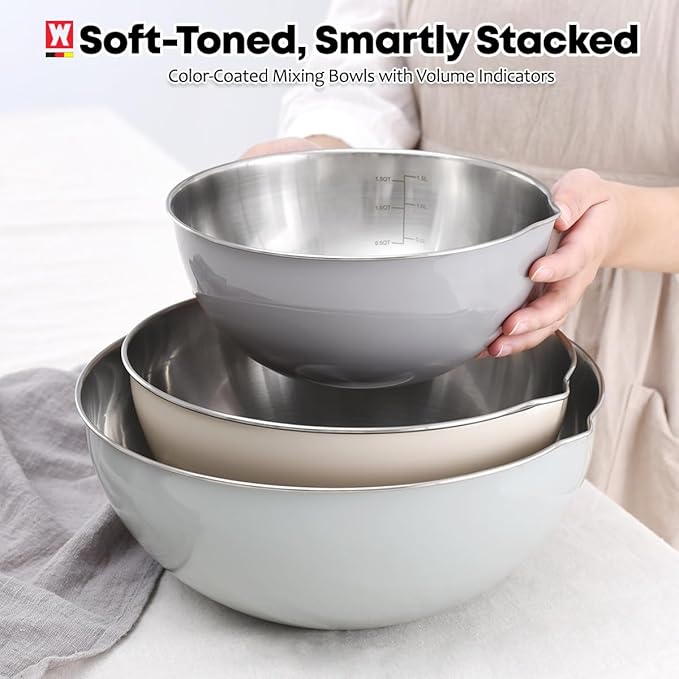 3-Piece Stainless Steel Mixing Bowl Set, Beige/Mint Green/Light Gray, Nesting Design with Pure Spout, Multipurpose Kitchen Basket /1.56Quarts/3.17Quarts/4.23Quarts (Assorted Color)