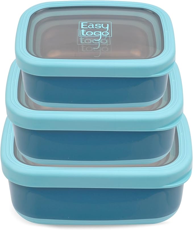 3 Pack Stainless Steel Food Containers with Silicon Lid & Non-Slip Exterior, LeakProof, Airtight Rectangular Portion Control Storage Lunch Box, Togo Lunch Containers for Adults - Blue