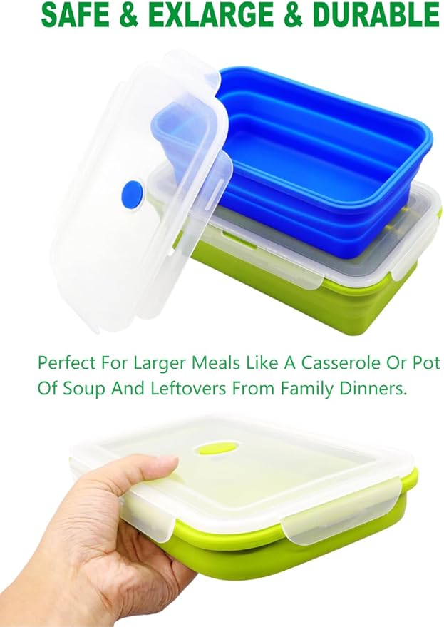 Set of 2 Extra Large Collapsible Silicone Food Storage Containers With Lids,82.8oz + 60.2oz Meal Box For Kitchen,Big Bento Lunch Boxes, Microwave,Dishwasher and Freezer Safe For Camping