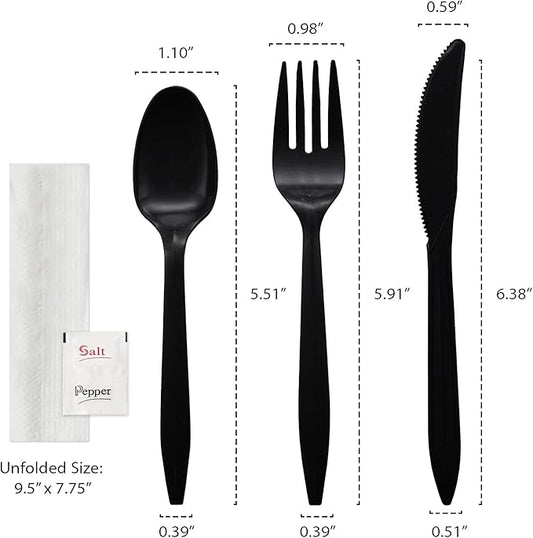 Party Essentials Individually Wrapped Plastic Cutlery Packets/Silverware Kits, Black Fork/Spoon/Knife/Napkin/Salt/Pepper, 50 Sets