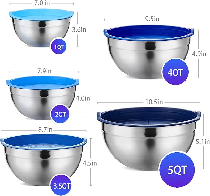 Mixing Bowls Set of 5,Stainless steel Nesting Bowls with Airtight Lids,Size 5, 4, 3.5, 2, 1.5QT for Baking,Cooking,Prepping and Saving Food (BLUE, 25PCS)