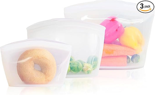 Platinum Silicone Food Grade Reusable Storage Bag, 3set Leak-Proof Airtight Seal, BPA-Free, Microwave, Freezer & Dishwasher Safe, Heat Resistant Sous Vide,Silicone Snack Bags, White