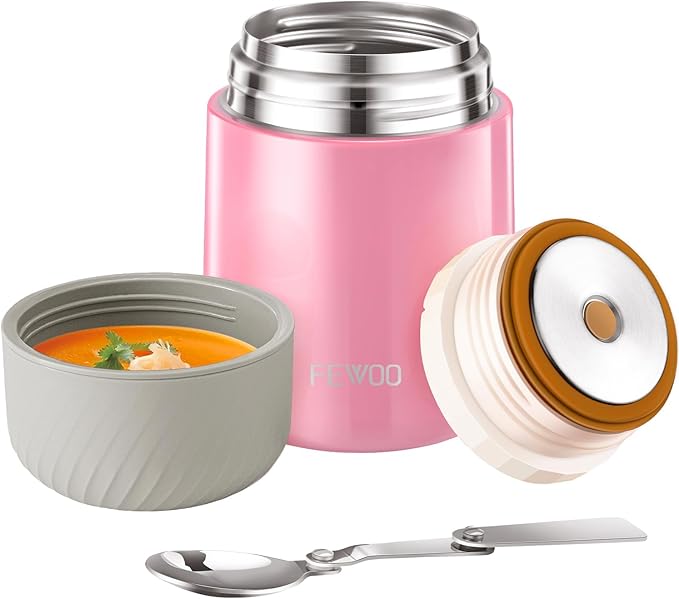 FEWOO Food Jar - 20oz Vacuum Insulated Soup Container, Stainless Steel Lunch Box for Kids Adult, with Folding Spoon for Hot or Cold Food (Pink)
