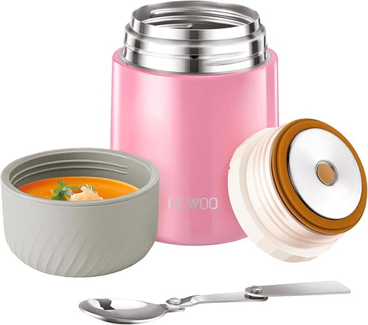 FEWOO Food Jar - 20oz Vacuum Insulated Soup Container, Stainless Steel Lunch Box for Kids Adult, with Folding Spoon for Hot or Cold Food (Pink)