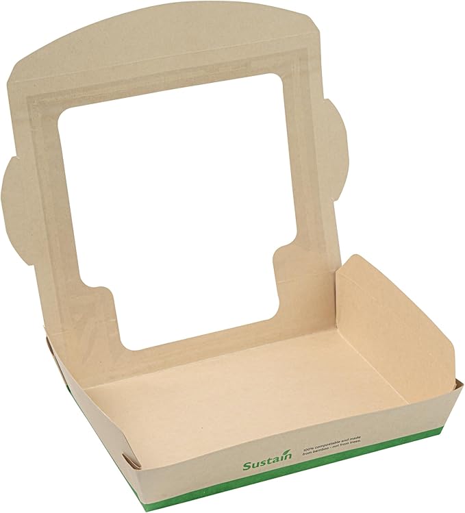 Restaurantware-Sustain 40 Ounce Sturdy Paper Take Out Boxes, 50 Disposable Take Out Food Containers - With PLA lining, Clear PLA Window, Bamboo Paper Containers, Compostable, Tab-Lock Design