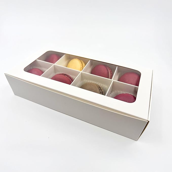 Treat boxes with window and dividers | 8 SMALL compartments | 8.75 x 4.5 x 1.9 in | Chocolate covered strawberries supplies, macaron boxes, baked goods packaging | 10-pack (White)