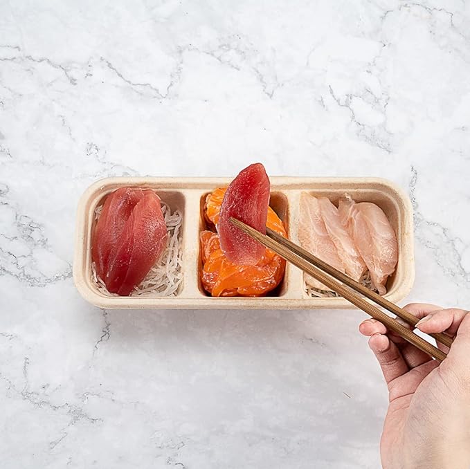 Restaurantware Pulp Tek 9.2 x 3.8 x 1.8 Inch Takeaway Food Boxes 100 Microwavable Take Out Containers - Lids Sold Separately Freezable Bagasse Catering Food Containers 3 Compartments 17 Ounces
