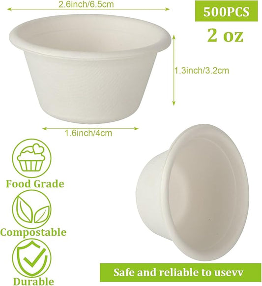 HNBun 500pcs 2oz Disposable Bagasse Fiber Souffle Cups, Natural Compostable Portion Cups Mini Food Sample Cups Tasting Cups for Condiment,Food Tasting,Medicine, White