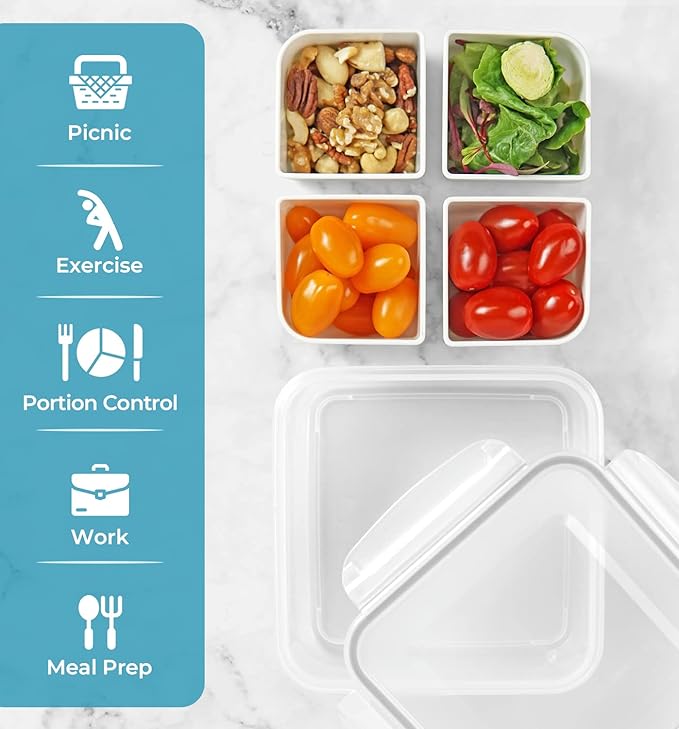 carrotez Food Storage Containers, 4 Compartment Portion Control Container, Snack Container For Adults, Meal Prep Container, Reusable, Microwave Safe, 4.6 Cup (1100ml), Pack of 2