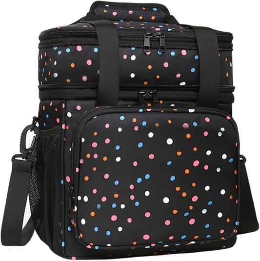 GLENKEY Expandable Insulated Lunch Box, Double Deck Lightweight Large Lunch Bag Tote Leakproof Cooler Bags for Women Adults Work Outdoor Picnic Daytrip, Polka Dots, 16L
