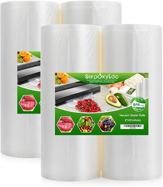 SurpOxyLoc (Total 200 Feet)4 Pack 8x50 Vacuum Sealer Bags Rolls with BPA Free and Puncture Prevention, Seal a Meal Bags Rolls Work with Any Types Sealer Machine,Great for Sous Vide Cooking