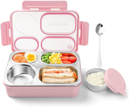 36-oz Lunch Box Containers Stainless Steel Bento Box for Adults with 4-Compartment Snack Tray, Soup Bowl with Lid & Metal Spoon, Dishwasher Safe, Easy to Carry, Pink