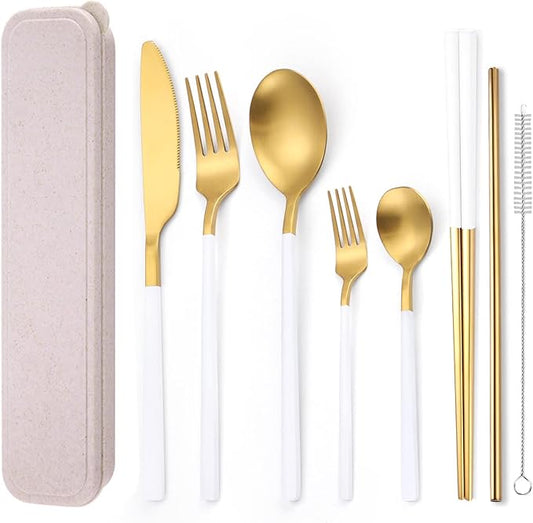 AARainbow 8 Pieces Stainless Steel Flatware Set Portable Reusable Cutlery Set Travel Utensils Set Including Chopsticks Knife Fork Spoon Straws Cleaning Brush Dishwasher Safe (B-White Golden)