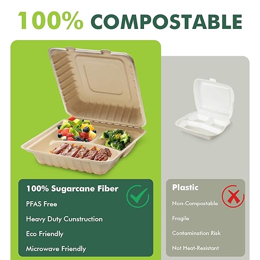 yoyomax [9x9-50Pack 100% Compostable To Go Food Containers with Lids, 3-Compartment Take Out Clamshell Container, Bio Disposable | Eco Friendly | Heavy-Duty Boxes, Made of Sugarcane Fibers
