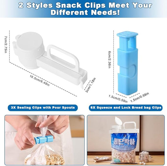 zxbaers 3PCS Food Bag Sealing Clip with Pour Spout and 6PCS Squeeze and Lock Bread Bag Clips, Bread Clips Resuable, Snack Clip for Cereal, Snacks And All Food Storage and Organization