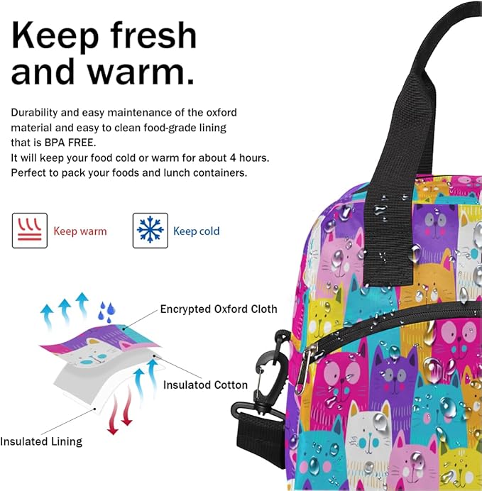 Pardick Insulated Lunch Bag for Women Men Large Cute Rainbow Cat Head Thermal Cooler Lunch Box Durable Tote Bag with Adjustable Shoulder Strap for Work School Office Travel Girl Boy Meal Prep Bag