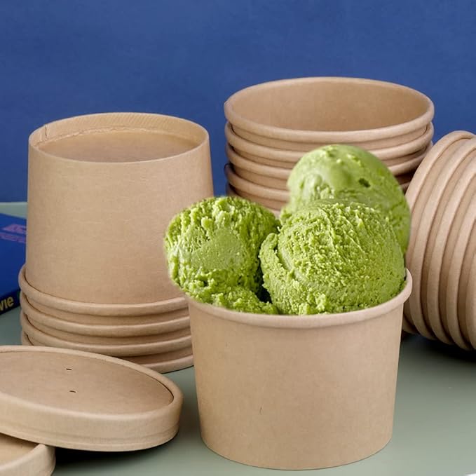 12 oz 25 Pack Paper Soup Containers with lids, Disposable Kraft Food Cups, Soup Cups Paper Ice Cream Cup, Dessert Cup, Yogurt Ice Cream Containers. Great For Restaurants, Take Outs, or To-Go Lunch